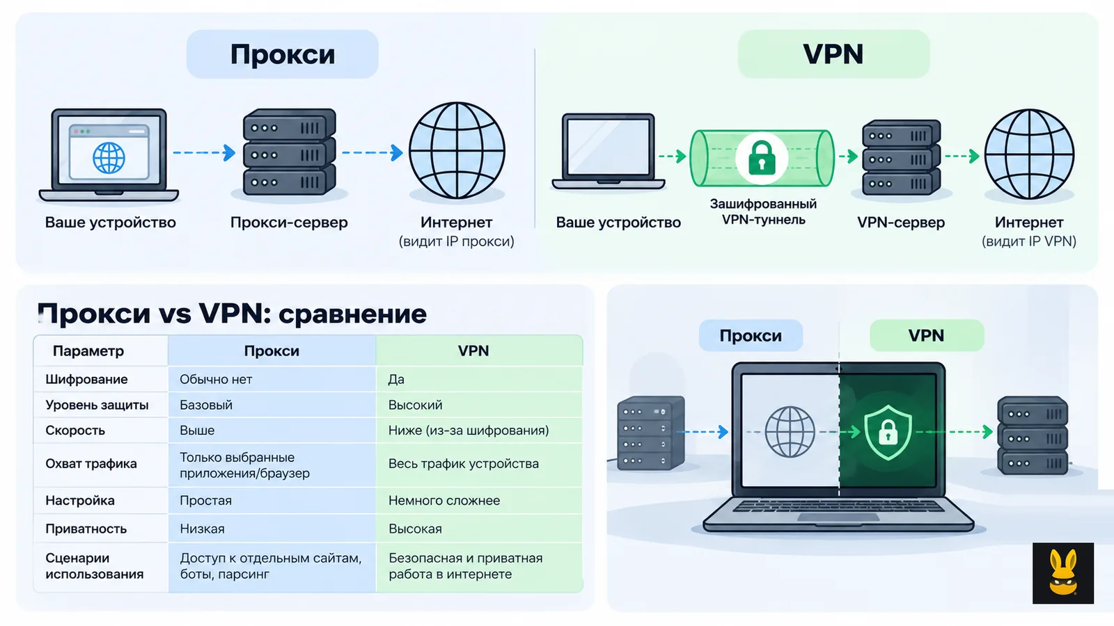 Сравнение прокси и VPN: схема прохождения трафика и таблица различий