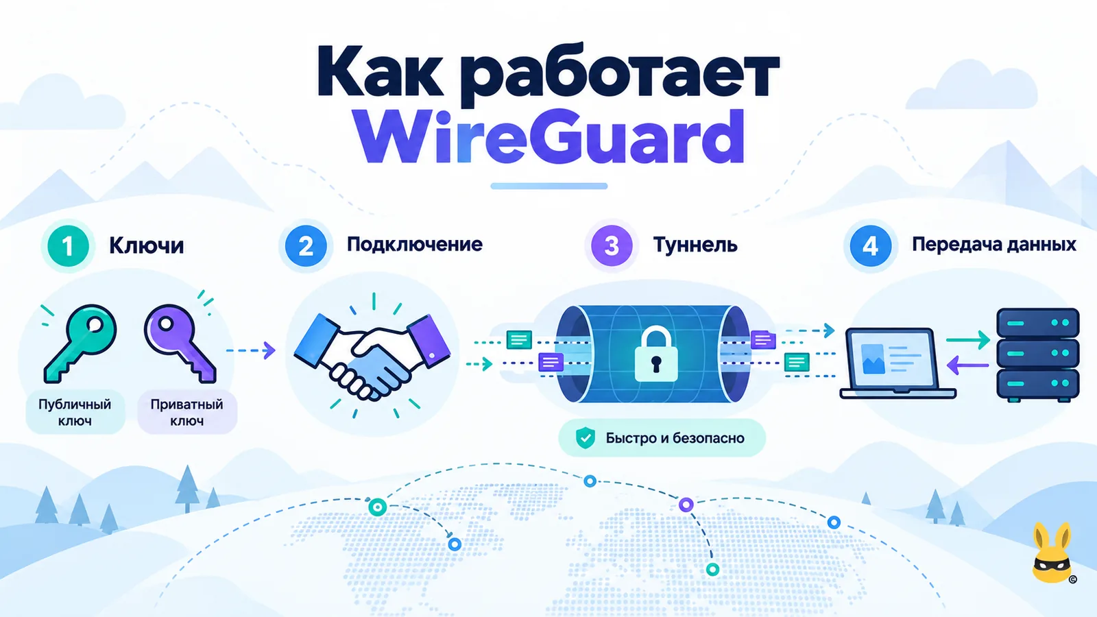 Как работает WireGuard — ключи, подключение, защищённый туннель и передача данных.