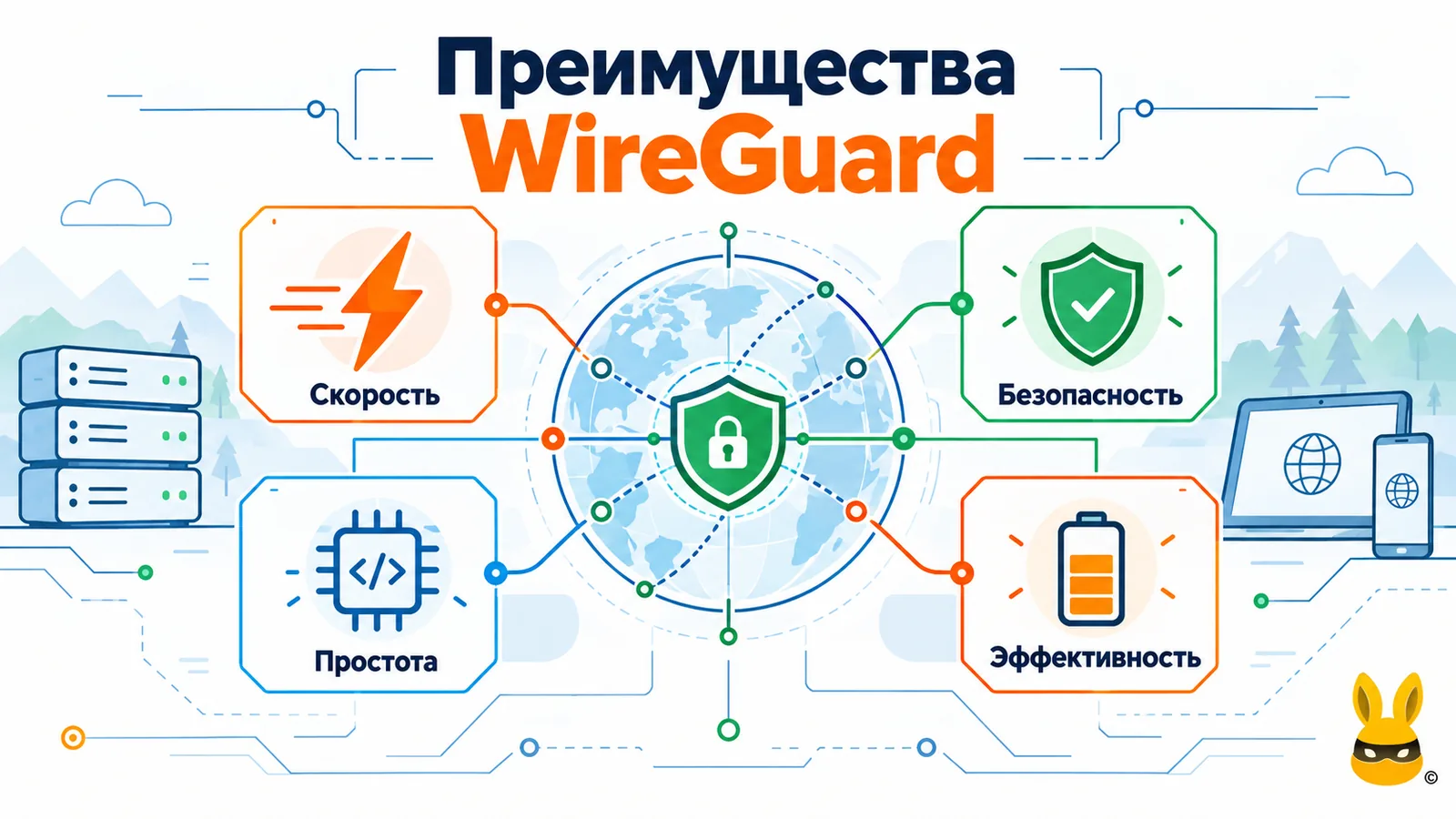 Преимущества WireGuard — скорость, безопасность, простота архитектуры и эффективность.